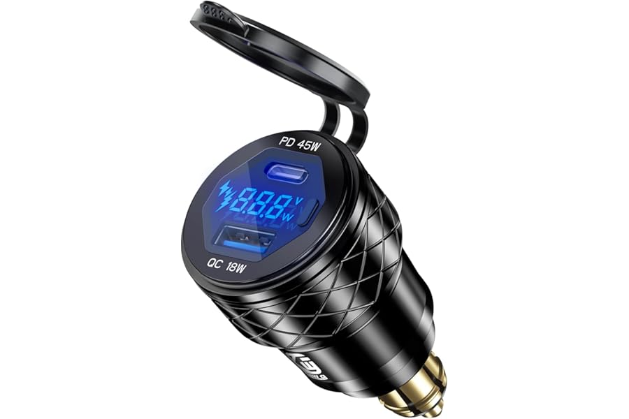 Din Hella Plug to USB Charger Adapter: 45W USB C PD3.0 & 18W QC3.0 Motorcycle Charger Outlet for 12V-24V BMW Triumph Tiger Ducati, Waterproof Dual Phone Fast Charge Port Powerlet with LED Voltmeter