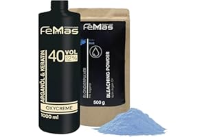 Kit décoloration FeMmas 12% I Poudre décolorante bleue 500g et Crème oxycrème révélatrice 1000 ml I Kit parfait pour éclaircissement à domicile I Pour une décoloration jusqu'à 9 tons en qualité salon