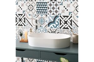 RE-COVERTILES - Autocollants Carrelage Salle de Bain et Cuisine 24 Pcs 10x10 cm - PS00054 Décoration murale en carrelage mosaïque PVC imperméable style carreaux de ciment Azulejos