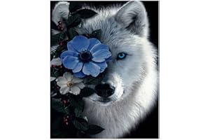 DAERLE Peinture Diamant 5D, Diamond Painting,Broderie Diamant Plein, Loup Peinture Diamant, Kit de Peinture Diamantée Broderie Diamant Kit Complet, Décoration Murale (30x40cm) Loup et Fleur Bleue