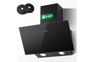 TopStrong Dunstabzugshaube 60cm, A+++ Abzugshaube Umluft/Abluft mit 400 m³/h, Wandhauben Inkl. Aktivkohlefilter, Leise Kopffreihaube mit LED-Beleuchtung, 3 Stufen + Booster Touchscreen, Schwarz Glas