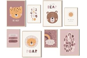 MeinBaby123® Poster per cameretta dei bambini, set da 8 pezzi, formato DIN A4 e DIN A5, decorazione per la cameretta dei bambini, poster da parete Premium (simpatici animali V6 – rosa)