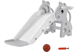 AIYAPLAY Toboggan pour Enfants 3 en 1 en Forme de Girafe avec Panier de Basket, Escalade et Ballon, Toboggan intérieur pour Enfants de 1 à 3 Ans, 106 x 51,5 x 52 cm, Gris