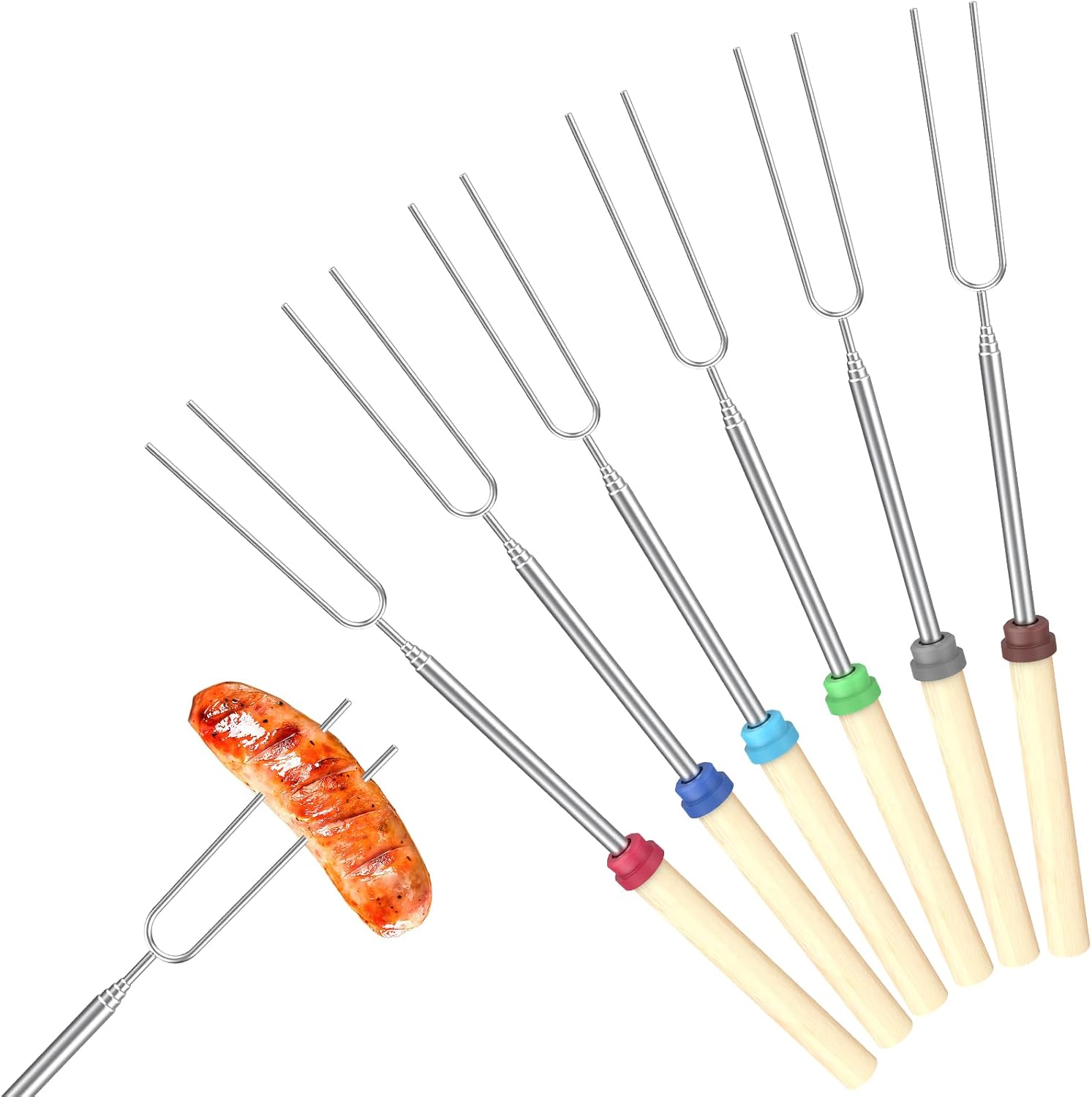 GeeRic Marshmallow Toasting Forks, 6 Pack Extendable Stainless Steel Sticks Barbecue Forks U Shape Hot Dog Fork with Wooden Handle for Roasting Marshmallows and Hot Dogs Camping