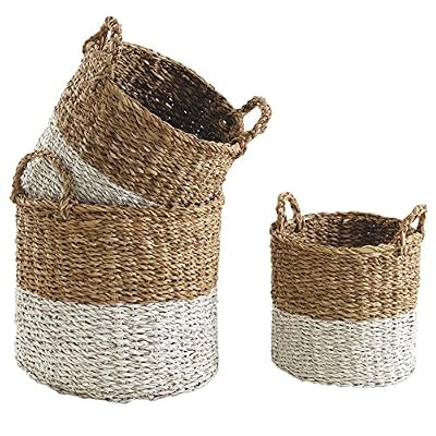 AubryGaspard Cache-Pots Ronds en jonc de mer Naturel et Blanc