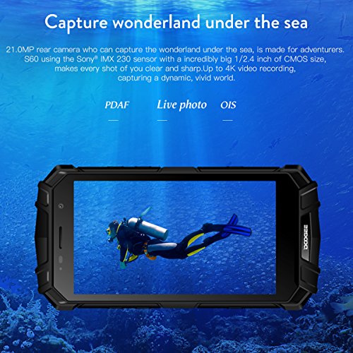 Outdoor Handy, DOOGEE S60 4G Dual SIM Smartphone Ohne Vertrag Android 7.0, 5,2 Zoll FHD Display mit 6GB / 64GB, 21 MP Hauptkamera, 5580mAh 12V2A Fingerabdruck NFC IP68 Wasserdichte Smartphone -Schwarz