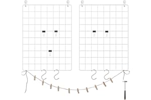 SONGMICS Grid Panels, Photo Wall Display, Metal Mesh Wall Decor, DIY, Hanging Picture Wall, S Hook, Clip, Hemp Cord, Set of 2, White LPP01W