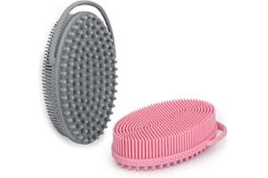 FREATECH Spazzola Scrub Corpo in Silicone con Manico Anello - Spazzola Bagno Doccia Esfoliante a 2 Lati per Pulizia Profonda e Massaggio, Facile da Tenere e Appendere, Più Igienico, Grigio & Rosa