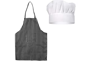 ASIRYVA Hat Apron Set White Chef Hat Black and White Stripped Apron,Professional Chef Outfit Set Suitable for Home Kitchen, Restaurant,Gardening, Cafes House