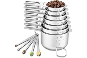 CLVEDU 12PCS Measuring Cups and Spoons Set, 7 Stainless Steel Nesting Measuring Cups & 5 Mini Measuring Spoons, Metal Kitchen Gadgets for Cooking Baking, Dry and Liquid Ingredients Measurement