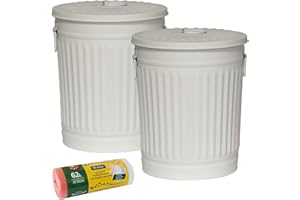 Jinfa Set da 2 Bidoni in metallo con manici e coperchio + 30 sacchetti per pattumiera | Bianco crema | 62L