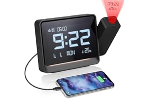 YUNYODA Despertador Proyector Techo,Relojes de Proyección Digital con Temperatura,Modo día laborable/Fin de Semana,Fecha,Bluetooth,Snooze,Luz Nocturna,12/24 Horas,4 Niveles de Brillo Ajustable para Dormitorio