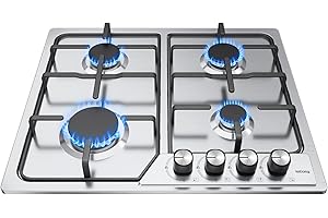 Plaque Gaz 4 Feuxs Inox, IsEasy Plaque de Cuisson Gaz 4 Feux Encastrable, Table Gazs 60cm, Table de Cuisson 7200W, Gazs Ville et Bouteille