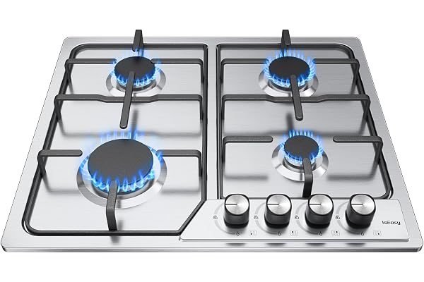 Plaque Gaz 4 Feuxs Inox, IsEasy Plaque de Cuisson Gaz 4 Feux Encastrable, Table Gazs 60cm, Table de Cuisson 7200W, Gazs Ville et Bouteille