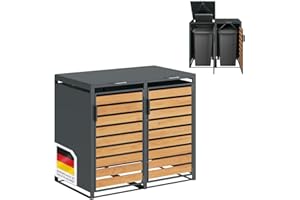 STEELSØN Kestra Mülltonnenbox 2er bis 240L – Mülltonnenverkleidung aus Stahl mit Sichtstreifen in Holzoptik – hochwertige Müllcontainer für 2 Tonnen – Müllbox in Anthrazit – Gerätebox wetterfest