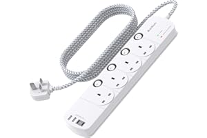ADDTAM 1.8M Extension Lead, 4 Way Socket Outlets Power Strips with 4 USB (2 Type C & 2 USB A), 1050J Surge Protection Multi Plug Extension with Braided Extension Cable for Home, Office, Individually Switched