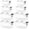 Greentainer Stackable Plastic Tote Boxes - 25L Storage Boxes with Lid and Buckles, Clear Latch Boxes for Home, Kitchen, Office, Clothes, Books, Toy Organiser, BPA-Free, 8 Pack