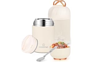 Dreamhigh® Termos per Alimenti 850 ml, Contenitore Termico per Alimenti Caldi con Maniglia, Portavivande Termico Acciaio Inossidabile con Cucchiaio, per Zuppa, Pasta (Bianco)