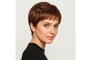 AIYLMZ Peluca Corta de Corte Pixie de Castaño Con Flequillo para Mujer - Capas Esponjosas Con Estilo Natural (Castaño Marrón)