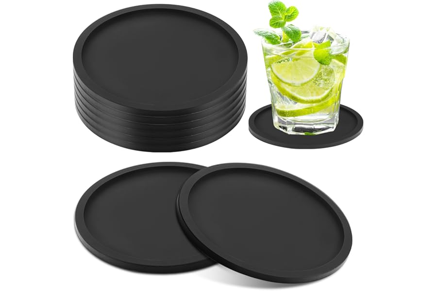 8 PCS Black Coasters, Silicone Thick Design(0.2inch) Round Mugs Coasters Set of 8 for Drinks Coffee Pads Beer Bar Mat, 10 * 10 * 0.5cm