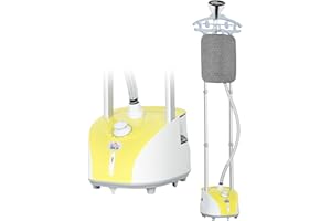 HOMCOM Plancha Vertical Vapor 1950W, Depósito de 2 L, 32g/min, Plancha de Vapor Vertical con Barra Telescópica, Listo en 38s,Colgador de Ropa, Centro de Planchado para Hogar Oficina, Amarillo