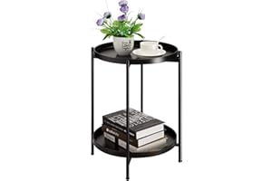 ‎HOLLYHOME HollyHOME Rund Beistelltisch Schwarz Metall Klein Couchtisch 2 Ebenen Balkontisch Nachttisch Beistelltisch für Wohnzimmer Schlafzimmer Terrasse Outdoor