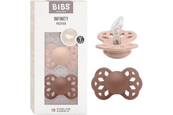 Lot de 2 sucettes anatomiques BIBS Infinity, sans bisphénol A, tétine anatomique en silicone, Téterelle anatomique. Silicone, Fabriqué au Danemark, Taille 1 (0-6 mois), Blush/Woodchuck