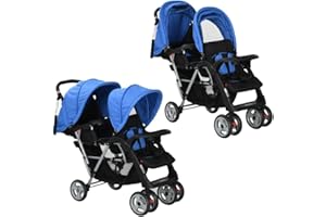 vidaXL Poussette à Deux Places Acier Bleu et Noir Landau d'Enfant Bébé