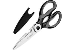 Cutacut Kitchen Scissors Stainless Steel Sharp Blades with TPR Grip - Multipurpose Kitchen Scissors Heavy Duty for Meat, Chicken, Fish, Vegetables, and Herbs – Bottle Opener. (Black)