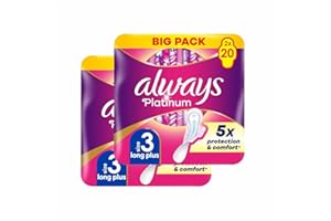 Always Platinum Day & Night Wings - 40 Count (2 Packs of 20) Size 3 Scent-Free Ultra Thin Sanitary Pads for Day and Night Use with Wings, Absorbent, Breathable Feminine Hygiene Protection