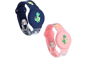 SAVITA 2pcs Kids Wristband Waterproof for AirTag, Dinosaur Cartoon Pattern Bracelet for Toddler Elder Adjustable Watch Band Anti Lost for AirTag Case Holder for Hiding GPS Tracker (Blue, Pink)