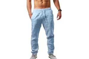 riou Algodón Pantalones Largos Casual Transpirable Ropa para Hombre， Pantalon Lino Corto de Suaves y Cómodos, Pantalones Transpirables de Verano de Color Sólido,para Playa/Hogar/Uso Diario