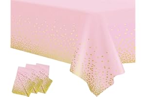 POPOYU 3Pack Pink and Gold Dot Table Cloth Party Disposable Tablecloths,137x274cm Confetti Table Covers Rectangle Plastic Tablecloth Party for Picnic,Baby Shower,Wedding,Birthday,Christmas Table Decorations