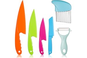 FRIUSATE Knife 6PCS Chopping and Paring Knife Set for Kids, 4 Sizes, Includes Plastic Cutting Board