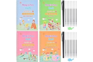 Wffeila Deutsch Magisches Heft, 4 Stück Magisches übungsheft Deutsch, Wiederverwendbares Handschrift Workbook, mit 16 Nachfüllungen + 2 Magischer Stift + 2 Schreibhilfe-Silikongreifern