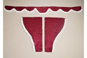 24/7 AUTO 24/7Auto Lot de 3 rideaux bordeaux en velours peluche avec pompons blancs visière avant + fenêtres latérales pour camions Actros Atego Axor Arocs