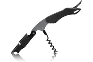 Qpractiko - Tire-bouchon Q003 Double Temps en Acier Inoxydable | Spirale en Téflon pour Ouverture Facile | Coupe Capsule Vin | Tire Bouchon Original, Argent, Noir, Acier inoxydable Plastique