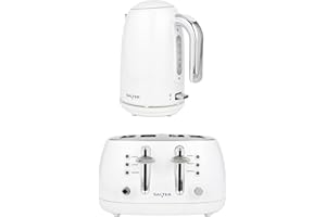 Salter Boston Kettle & Toaster Set – 1.7L Fast Boil Kettle, Limescale Filter, 4-Slice Wide Slot Toaster, Toast Thick Bread, High Lift Eject, Blue Indicator Lights, 3kW/1960W, Ice White Shimmer Finish