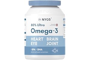 ‎NYO3 NYO3 Fischöl 80% Hochkonzentriert - 2000mg Fischöl mit 1600mg Omega-3 (800mg EPA & 600mg DHA) pro Portion, aus unversehrtem tiefseeigem wilden Fisch,60 Kapseln
