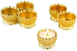 Sziqiqi 6 Pcs Ghee Lamp Holder, Lotus Design Oil Lamp, Buddhism Craft Ornaments, Votive Candle Holders, Butterlamp Tea Light Holder Tibetan Brass Oil Lamp Altar Supplies, Gold