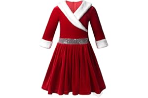 FEESHOW Vêtement De Noël Père Enfant Fille Rouge Robe Noël Hiver Robe De Soirée Baptême Fête Quotidiens Chaude Robe à Manches Longues Pailletes Brillant Fourrure Velours Hiver Robe