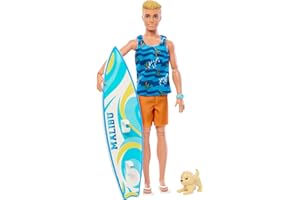 Barbie Ken Surfer Lalka plażowa (blondyn) z deską surfingową i pieskiem + akcesoria tematyczne, takie jak ręcznik HPT50