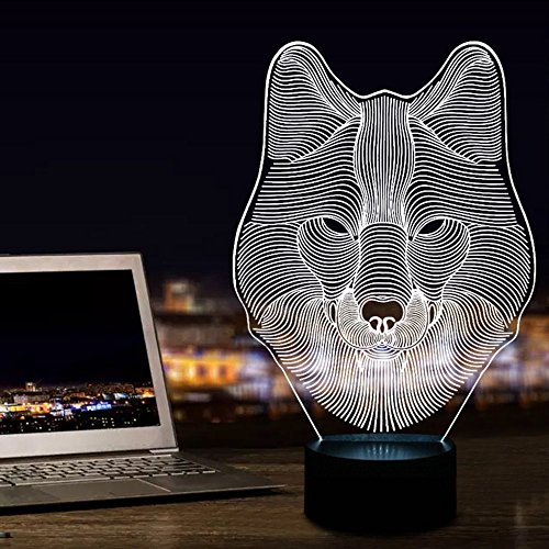Wolf 3D Optische Illusions-Lampen, FZAI Tolle 7 Farbwechsel Acryl berühren Tabelle Schreibtisch-Nachtlicht mit 150 cm USB-Kabel für Kinder Schlafzimmer Geburtstagsgeschenke - 3