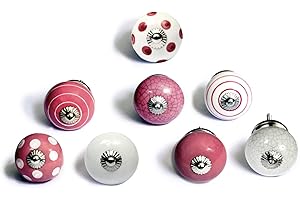 NACNIC Set di 8 pomelli in ceramica nei colori bianco e rosa, dipinti a mano con diversi disegni. Maniglie artigianali per armadi, cassetti, cassettiere e appendiabiti. Pomelli classici da 40 mm di diametro