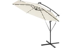 Kingsleeve® Ampelschirm LED Beleuchtung UV Schutz 80+ Solar Ständer Schutzhülle 300cm Groß Kurbel Balkon Terrasse Gartenschirm Sonnenschirm Creme