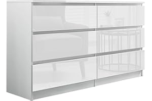 Blisswood High Gloss Chest of Drawer, 6 Drawer Bedroom Chest of Drawer Bedside Table Cabinet for Bedroom Living room Furniture, White, 120W x 40D x 77H cm