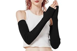 Riisoyu Lange Fingerlose Handschuhe, Stricken Weiche Dehnbare Fingerlose Handschuhe Armstulpen Ellenbogenlange Handwärmer mit Daumenloch für Frauen und Männer, Schwarz