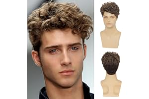 BEWEIG Herren Braun Perücken Kurze geschichtete lockige Kunsthaarperücke für Halloween Cosplay mit Perückenkappe