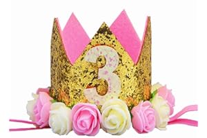 MINGZE Bandeaux Couronne Anniversaire, Bébé Fête Anniversaire Princesse Bandeau de Cheveux Topper Chiffre Fleur Rose Enfants Filles ou Garçons Golden Crown Couronne 1-3 an