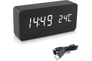 kwmobile Reloj Despertador Digital - Reloj de Madera Rectangular con luz LED - Activación táctil y por Sonido con indicador de Temperatura - Negro